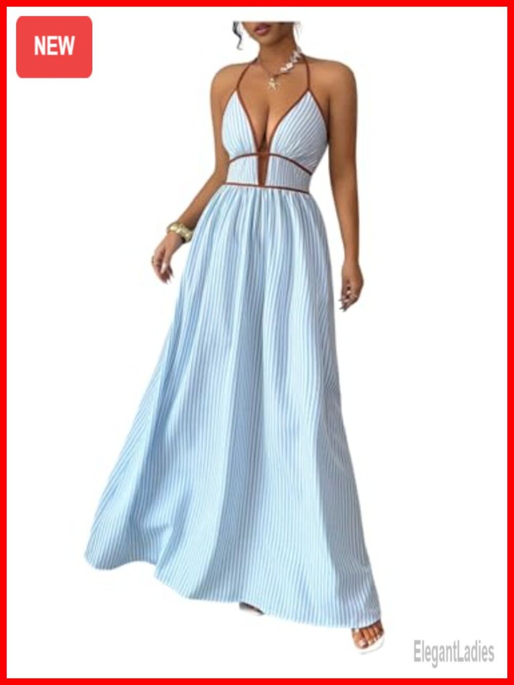 Striped Halter Maxi Dress Backless Smocked Boho Wedding Guest